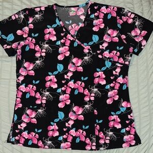 GT Performance Black Scrub Top with Pink Floral Design